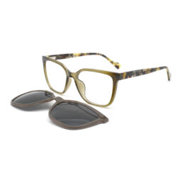 Elegant, full frame, in crystal olive green color with matching tartaruga temples. Shiny coffee brown color clip on with smoke grey polarized lenses