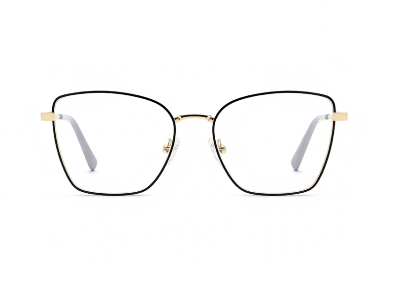 Slim, elegant, black metallic full frame with shiny gold tone temples and grey temple tips. Shiny grey, ultem, clip on with smoke grey polarized lenses