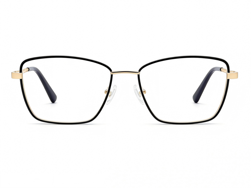 Slim, elegant, black metallic full frame with shiny gold tone temples and black temple tips. Shiny black, ultem, clip on with smoke grey polarized lenses