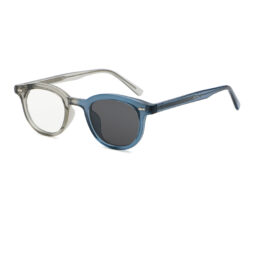 Unisex, light grey transparent, casual frame and temples, which turns to dark blue under the sun light, with photochromic lenses from clear to dark smoke