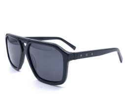 Men's, shiny black, acetate frame and temples with smoke grey polarized lenses and black metallic detail at the bridge