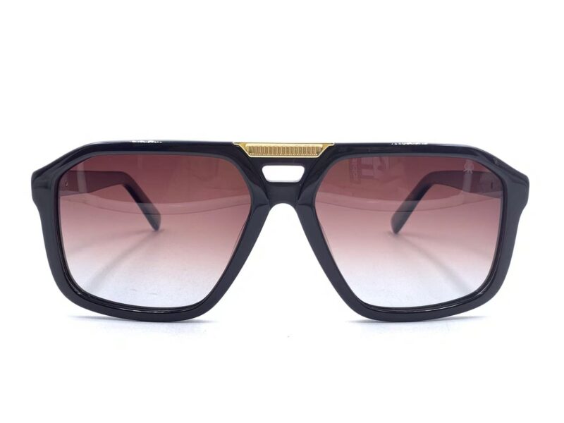 Men's, shiny brown, acetate frame and temples with brown gradient polarized lenses and gold metallic detail at the bridge