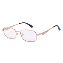 Trendy, shiny gold tone, metallic frame and temples, with transparent red polarized lenses for 100% UV protection. Black acetate temple tips