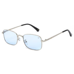 Trendy, silver tone, metallic frame and temples, with transparent blue polarized lenses for 100% UV protection.