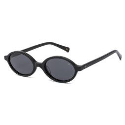 Trendy, oval, acetate frame and temples, in shiny black color with dark smoke polarized lenses for 100% UV protection.
