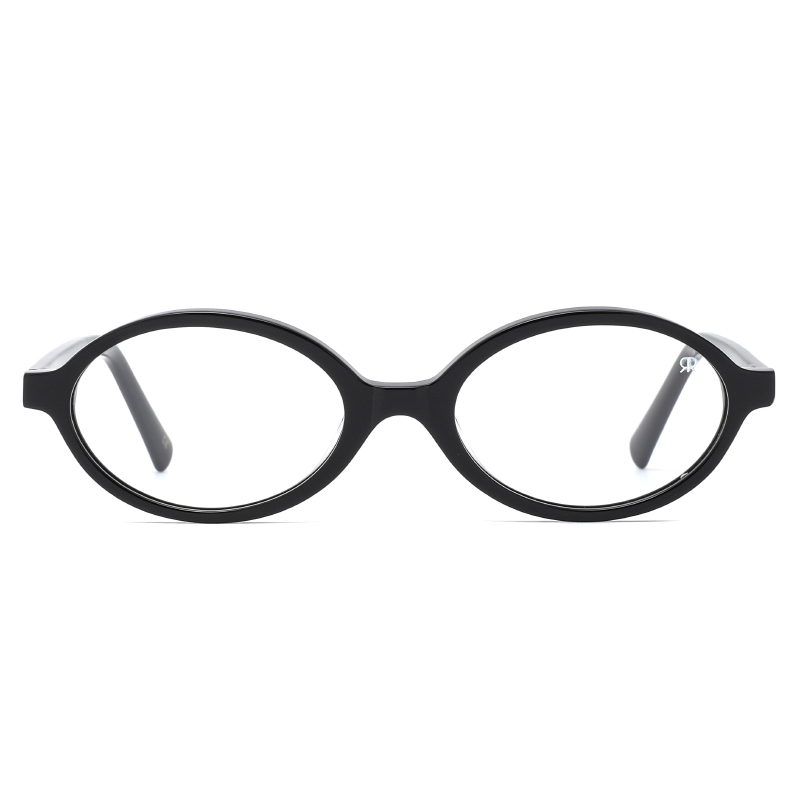 Trendy, oval, acetate frame and temples, in shiny black color with photochromic lenses from clear to dark blue under the sun light