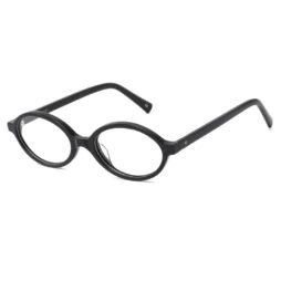 Trendy, oval, acetate frame and temples, in shiny black color with photochromic lenses from clear to dark blue under the sun light