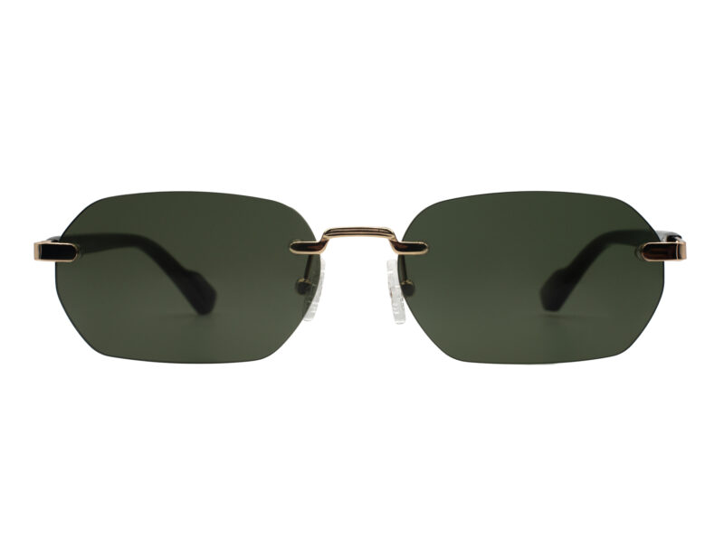 Unisex, rimless frame with gold tone metallic temples and bridge and dark green lenses. Black temples tips