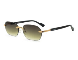 Unisex, rimless frame with gold tone metallic temples and bridge and green gradient lenses. Black temples tips