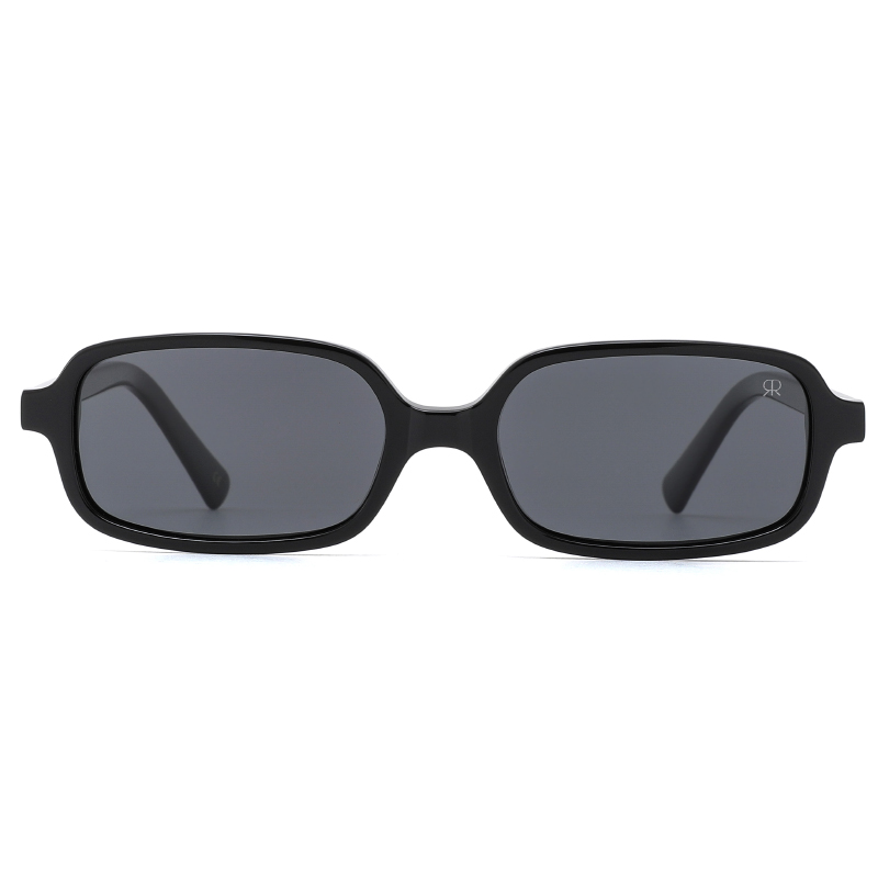 Trendy, minimal, acetate frame and temples, in shiny black color with dark smoke polarized lenses for 100% UV protection.