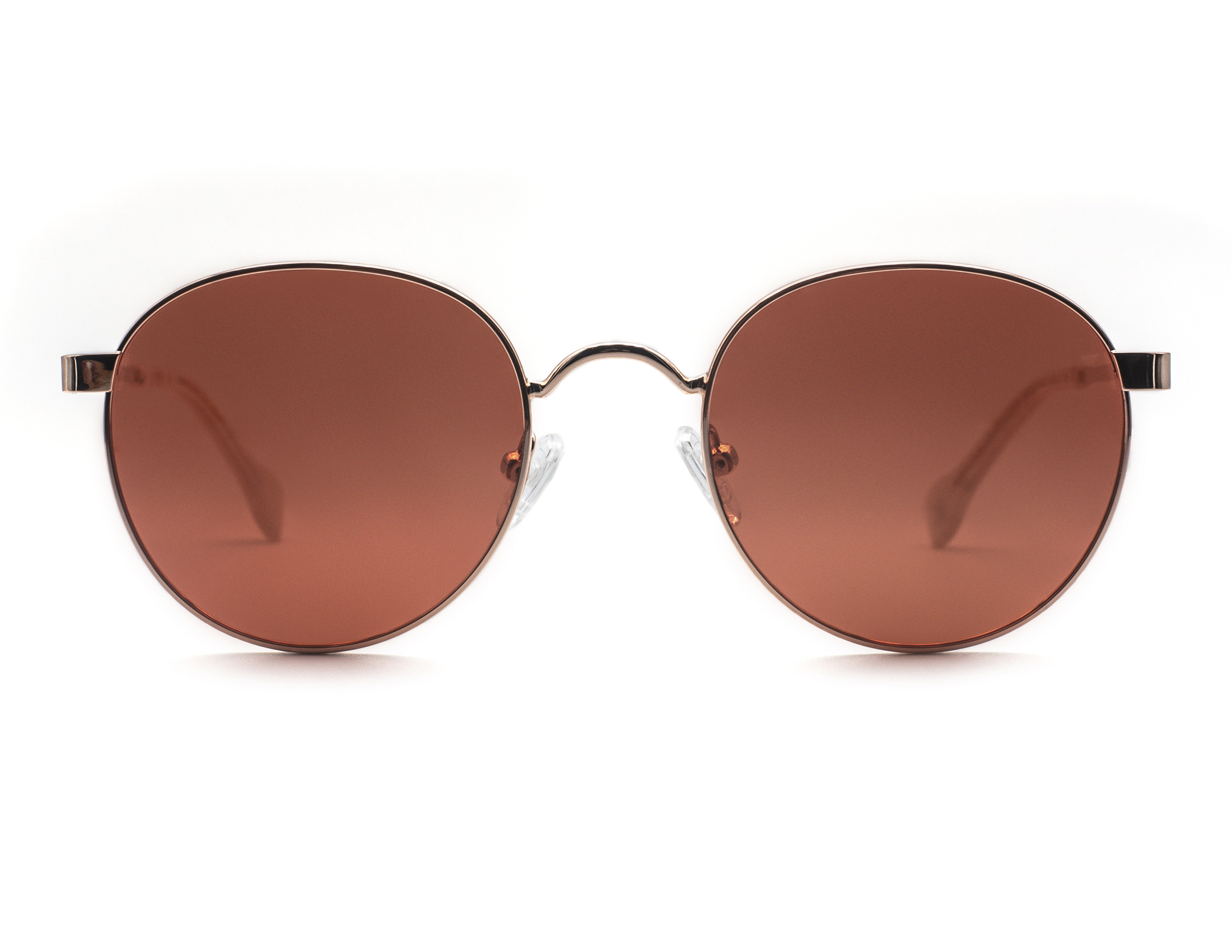 Trendy, shiny gold tone, metallic frame and temples, with orange polarized lenses for 100% UV protection and light beige temple tips