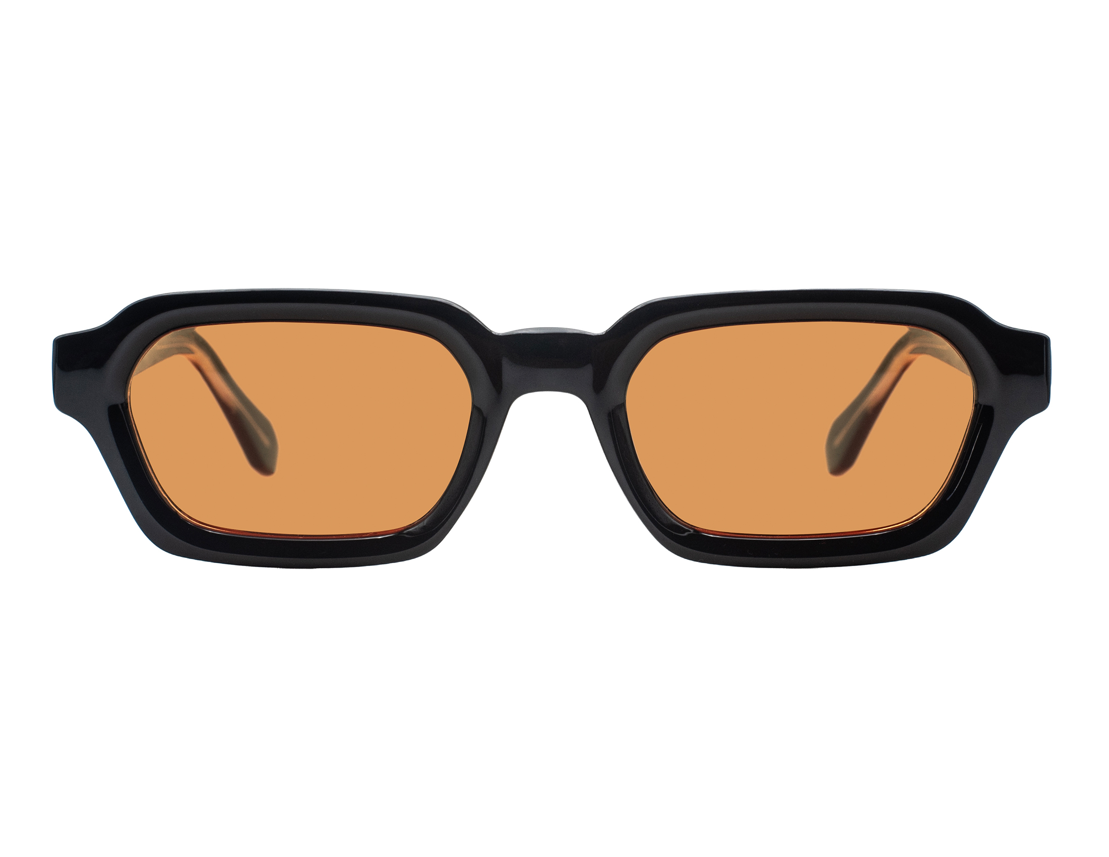 Trendy, bold, shiny black, acetate frame and temples, with orange polarized lenses for 100% UV protection.