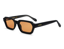 Trendy, bold, shiny black, acetate frame and temples, with orange polarized lenses for 100% UV protection.