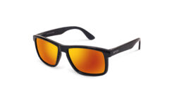 Shiny black frame and temples, with revo orange mirror lenses