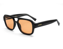 Trendy, bold, shiny black, acetate frame and temples, with orange polarized lenses for 100% UV protection.