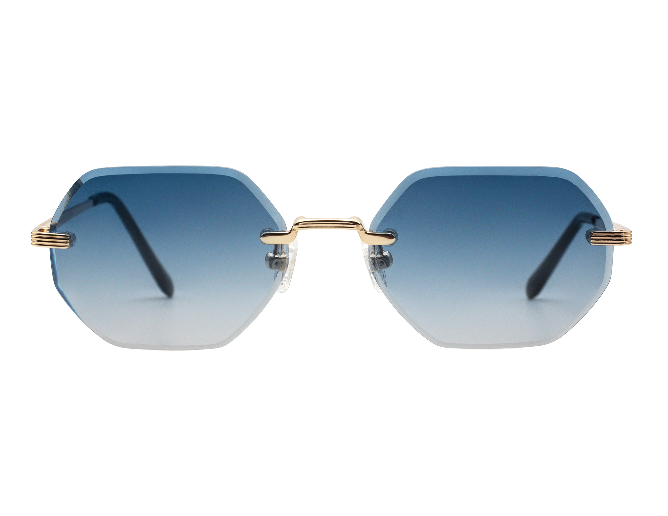 Unisex, rimless frame with gold tone metallic temples and bridge and light blue lenses. Black temples tips
