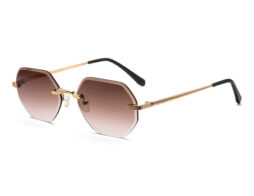 Unisex, rimless frame with gold tone metallic temples and bridge and gradient brown lenses. Black temples tips