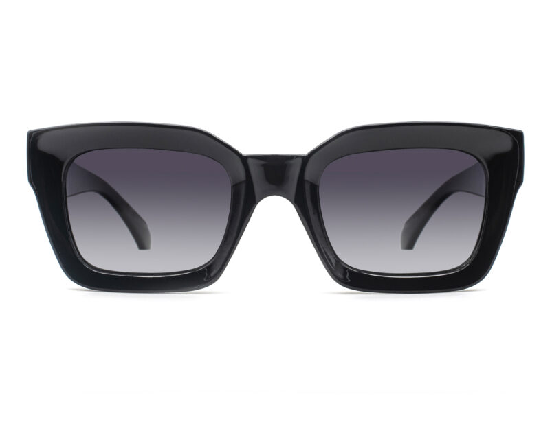 Trendy, bold, shiny black, acetate frame and temples with gradient smoke grey polarized lenses for 100% UV protection.