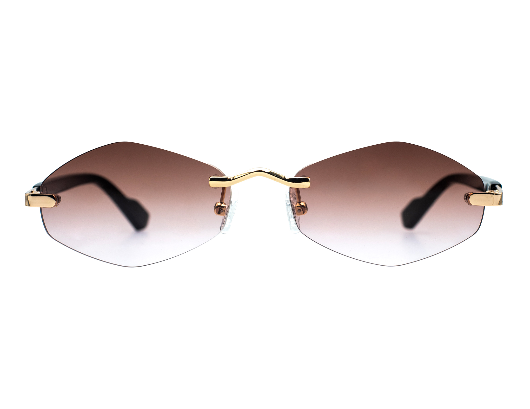 Unisex, rimless frame with gold tone metallic temples and bridge and gradient brown lenses. Black acetate temples tips