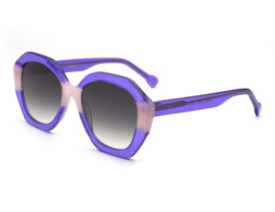 Trendy, bold, crystal purple, acetate frame and temples with milky pink color detail and grey gradient polarized lenses.