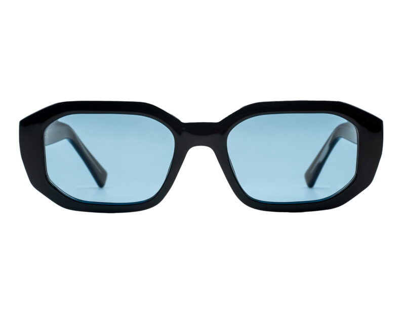 Trendy, bold, shiny black, acetate frame and temples, with light blue polarized lenses for 100% UV protection.