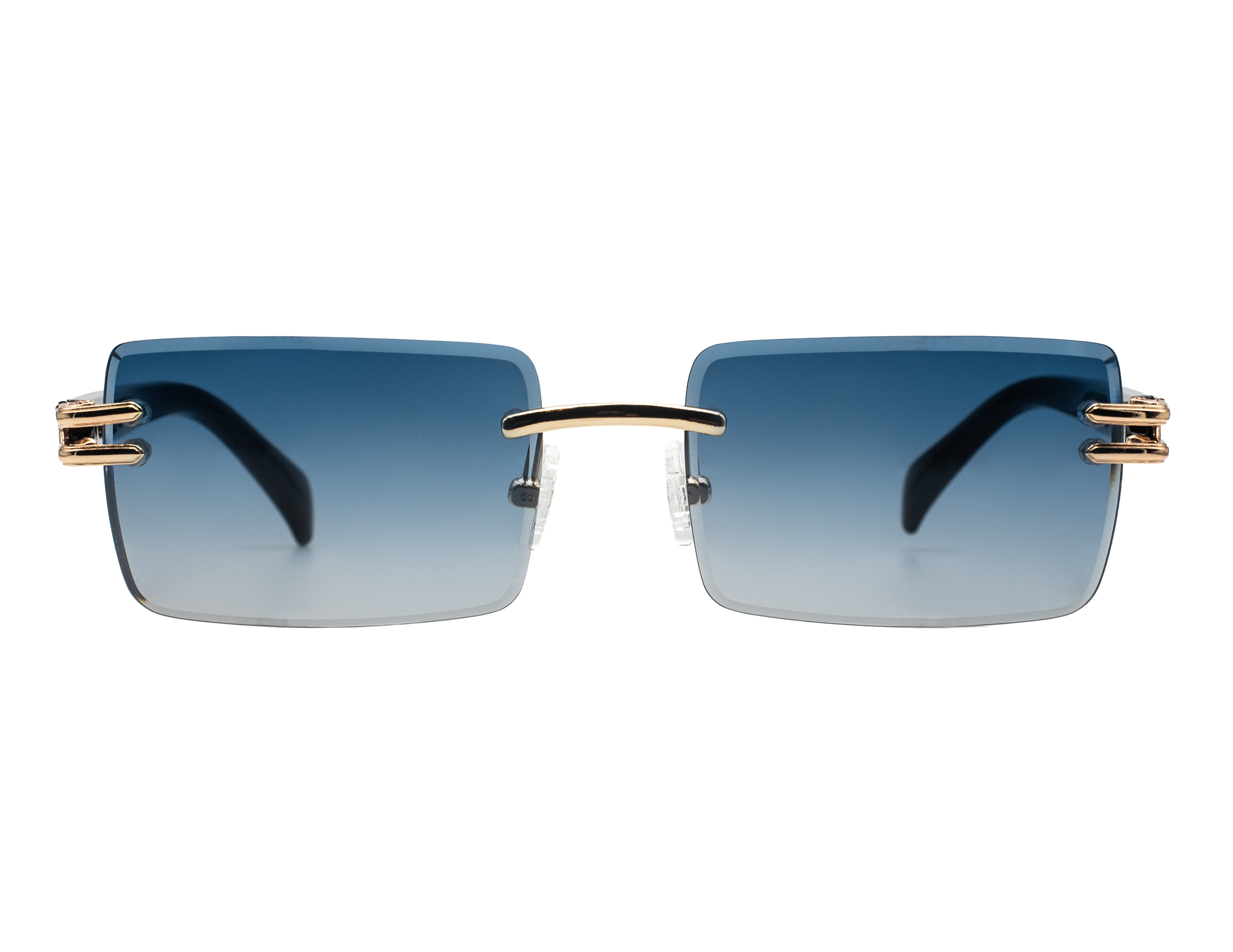 Unisex, rimless frame with gold tone metallic temples and bridge and blue gradient lenses. Black temples tips