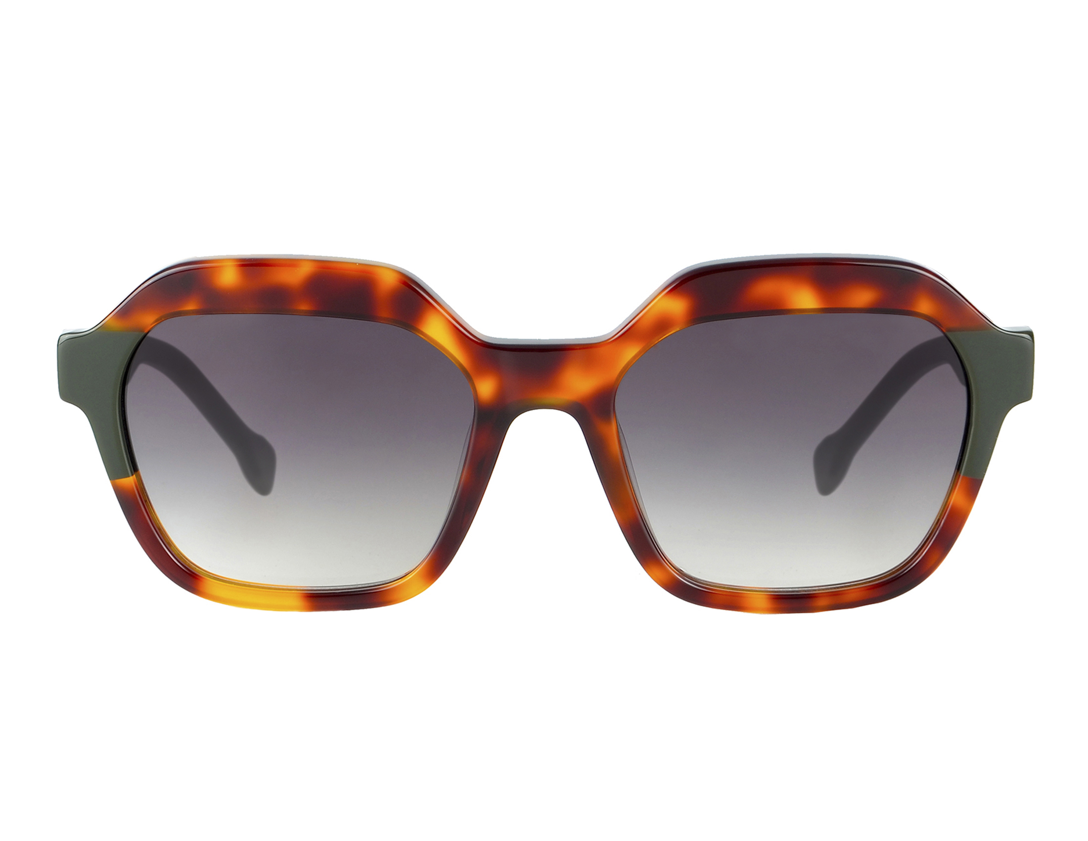 Trendy, bold, brown tartaruga, acetate frame and temples with dark green color details and grey gradient polarized lenses.