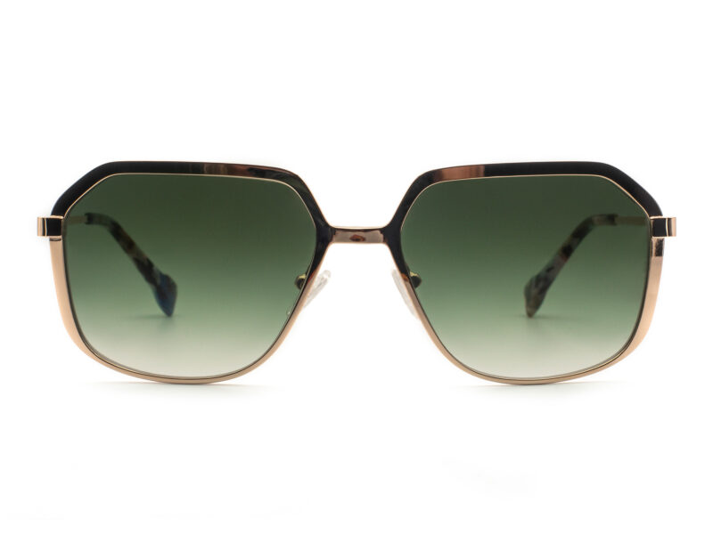 Shiny gold tone, metallic frame and temples, with green lenses and multicolor acetate temple tips