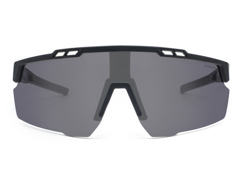 Mat black wide mask, with smoke grey polarized lenses and white temple tips
