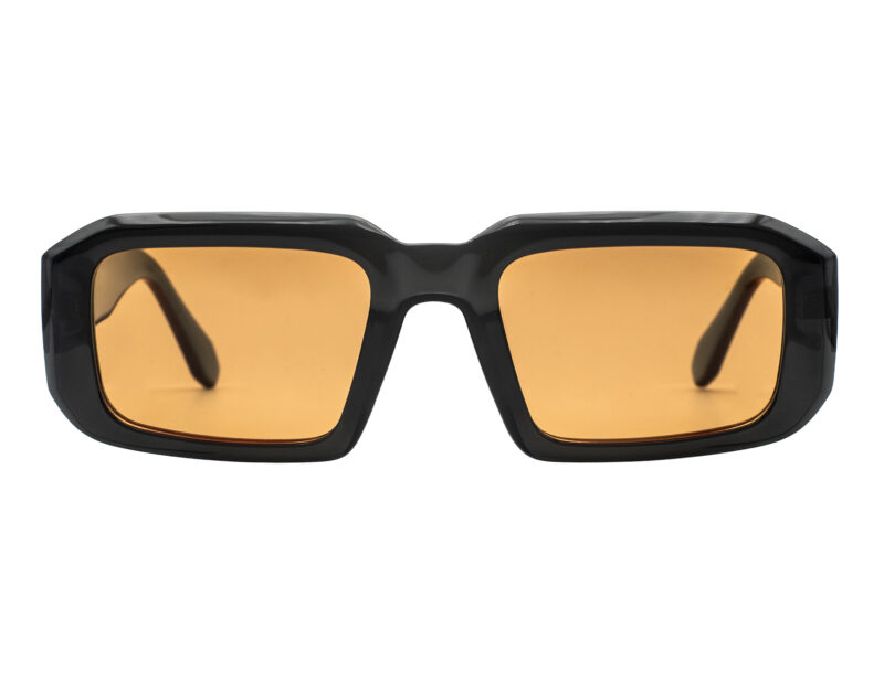 Trendy, bold, crystal black, acetate frame and temples, with orange polarized lenses for 100% UV protection.