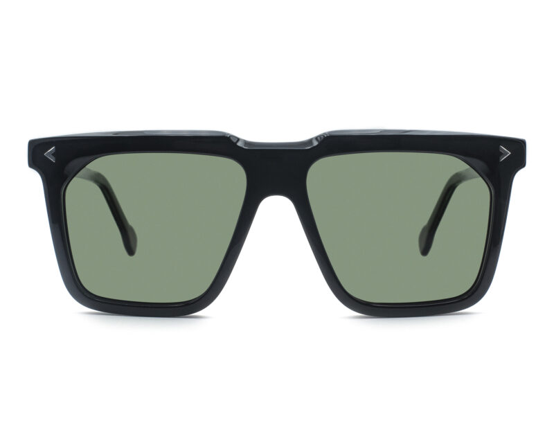 Elegant, shiny black, acetate frame and temples with green polarized lenses.