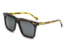 Classic, shiny, brown tartaruga, acetate frame and temples with smoke grey polarized lenses.