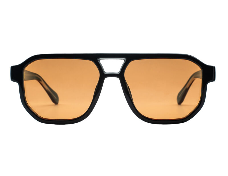 Trendy, bold, shiny black, acetate frame and temples, with orange polarized lenses for 100% UV protection.