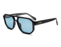 Trendy, bold, shiny black, acetate frame and temples, with light blue polarized lenses for 100% UV protection.