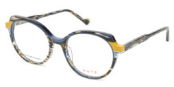 Feminine, multi-colored, acetate frame, with solid blue and yellow front details and matching color temples