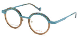 Tricolor, brown with aqua pattern acetate frame, combined with aqua blue metallic front details and temples