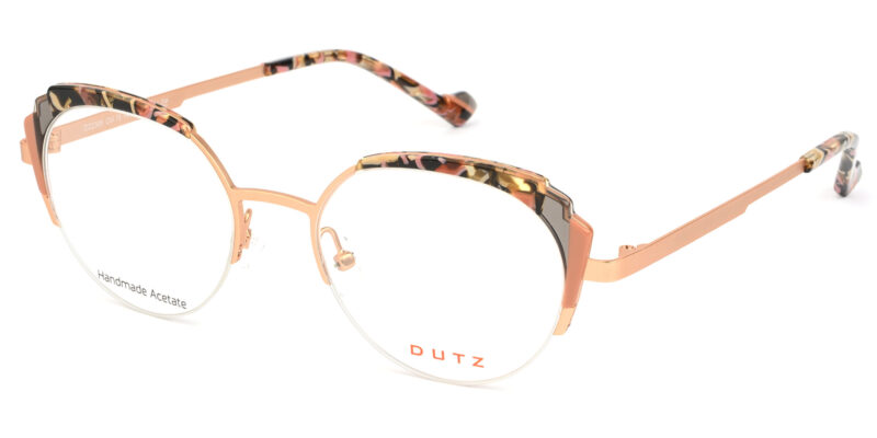 Rose gold metallic frame and temples, combined with grey-pink based multicolor, acetate top front and temple tips