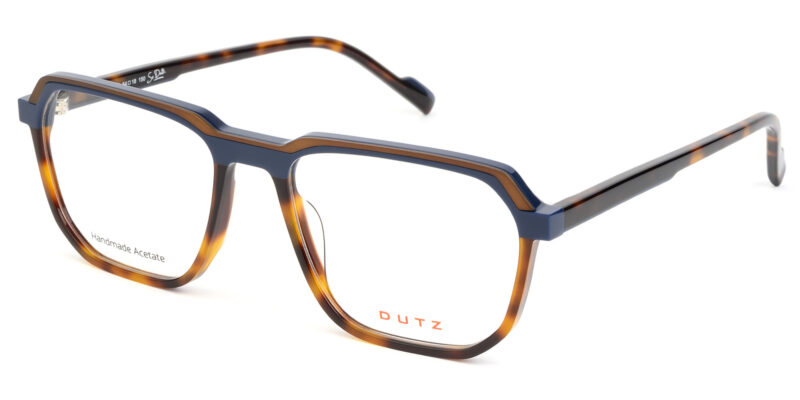 Bold, havana acetate frame and temples, with dark blue and brown front details