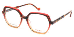 Feminine, red-orange based multi-colored, acetate frame with matching color temples
