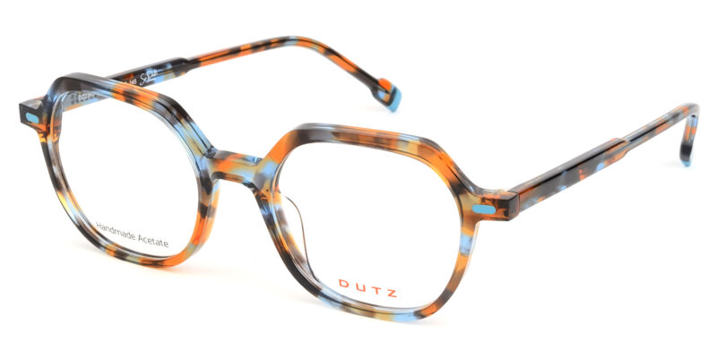 Trendy, aqua-orange based multi-colored, acetate frame with matching color temples