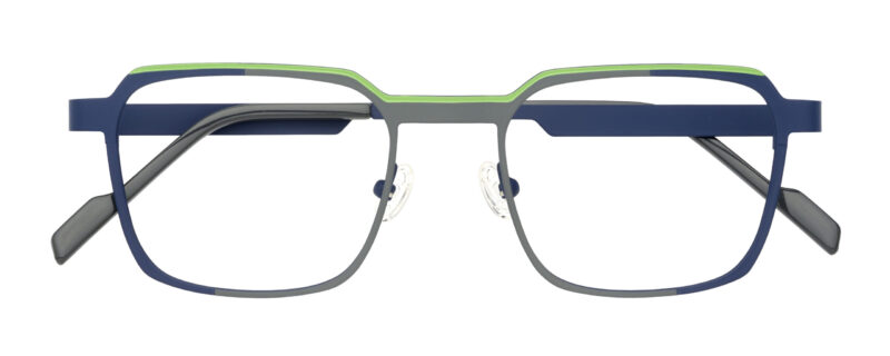 Man's, tri-color, dark blue combined with grey, metallic frame and temples, with contrast bright green color top detail and matching color acetate temple tips
