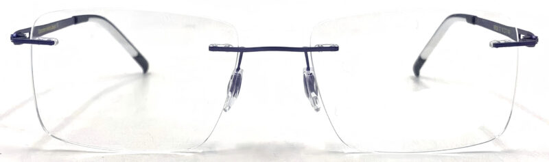 Rimless full frame, with metallic shimmering blue temples and bridge and black acetate tips