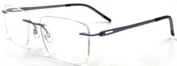 Rimless full frame, with metallic gun tone temples and bridge and black acetate tips