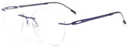 Rimless full frame, with metallic shimmering dark blue temples and bridge and black acetate tips
