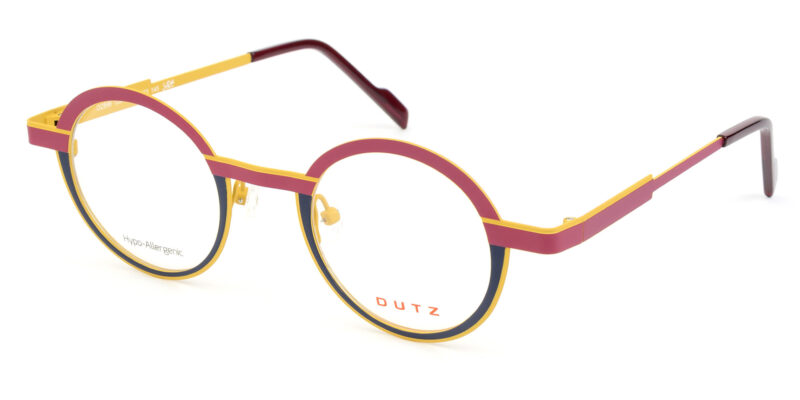 Trendy, tri-color, yellow-dark pink-navy blue metallic frame and temples, with matching color acetate temple tips