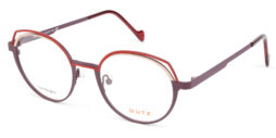 Trendy, tri-color, aubergine-red-gold, metallic frame and temples, with matching color acetate temple tips