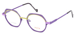Trendy, tri-color, purple combined with violet and lime striped pattern, metallic frame and temples. Matching color acetate temple tips