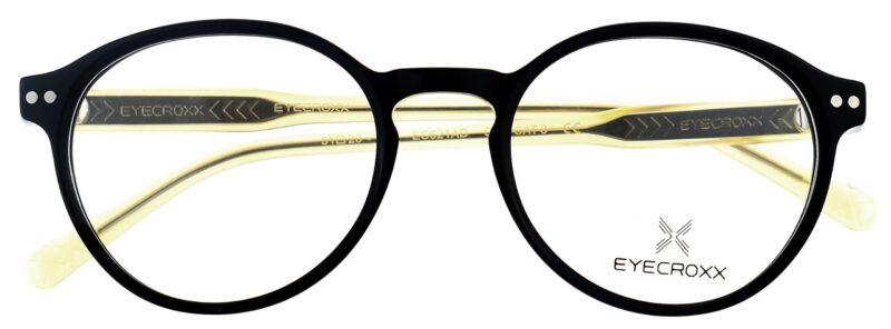 Unisex acetate black frame with crystal transparent acetate temples. Gold tone metallic clip on with smoke grey polarized lenses