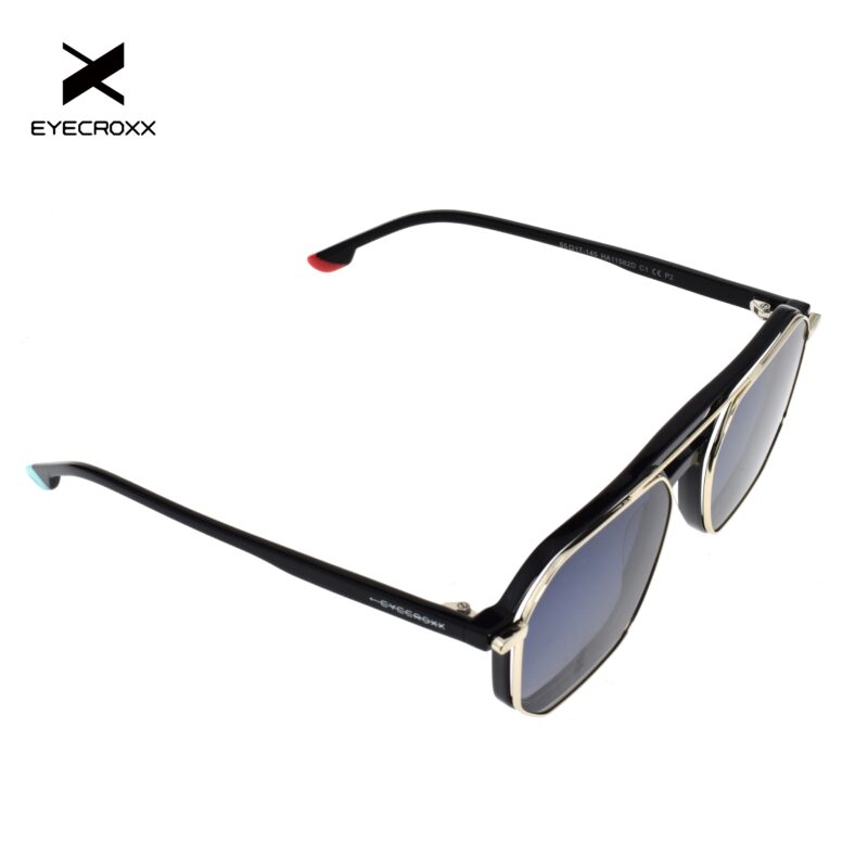 Man's, shiny black, acetate, frame and temples, with gold tone metallic clip on and smoke grey polarized lenses